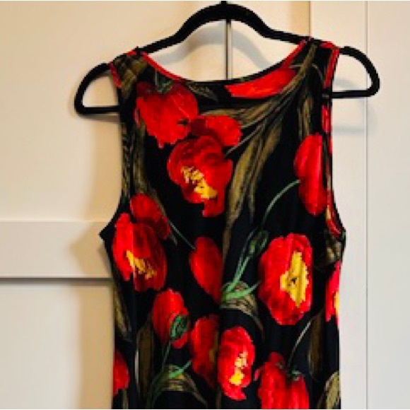 TULIP Dress Midi S/L Cheerful Black Red Green Cotton Spandex EUC Sz L XL - Picture 7 of 11